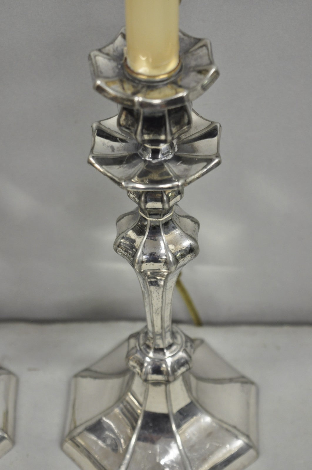 Reed & Barton Art Nouveau Silver Plated Small Candlestick Table Lamps - a Pair