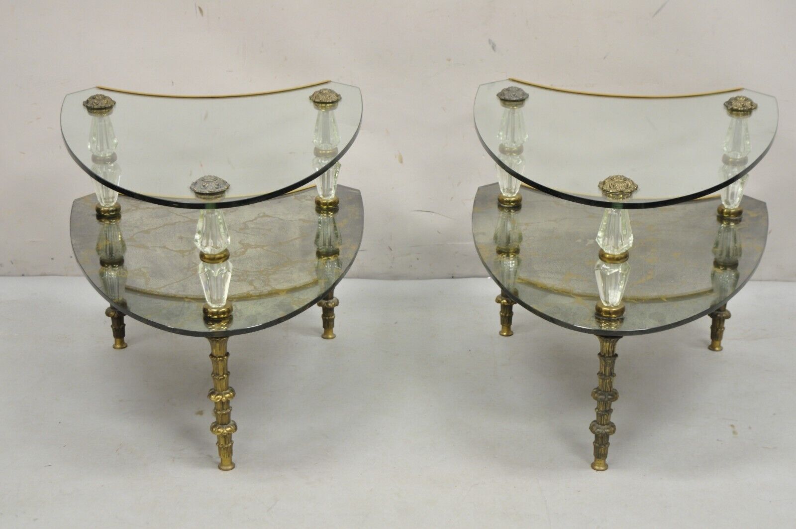Vintage Hollywood Regency Two Tier Italian Églomisé Glass Side Tables - a Pair