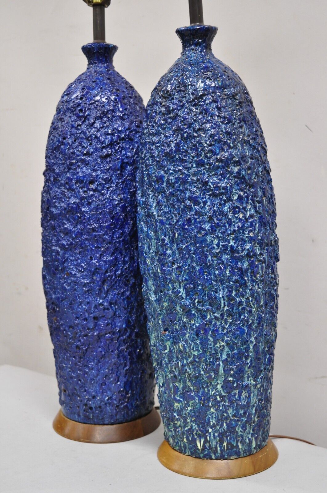 Vintage Mid Century Modern Blue Lava Drip Glazed Ceramic Table Lamp - a Pair