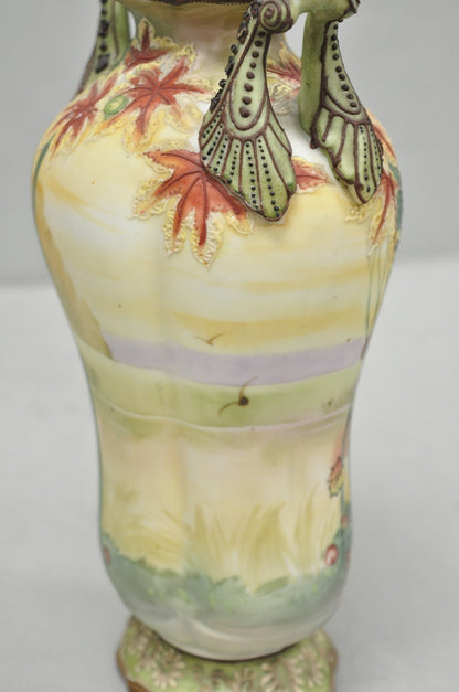Antique Nippon Hand Painted Porcelain Moriage Twin Handle Countryside Scene Vase