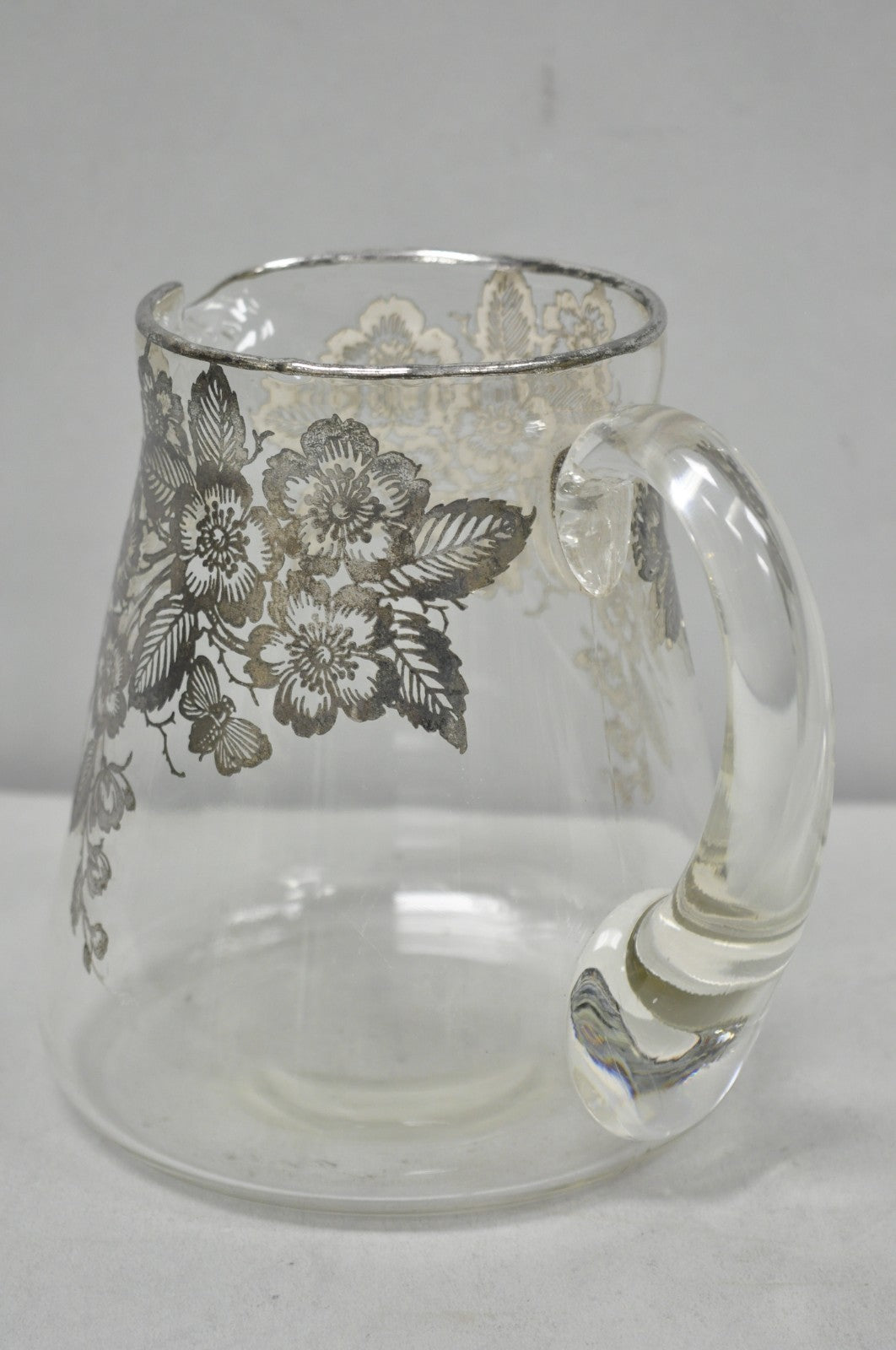 Vintage Art Nouveau Floral Sterling Silver Overlay Crystal Glass Water Pitcher