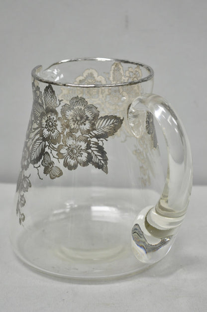 Vintage Art Nouveau Floral Sterling Silver Overlay Crystal Glass Water Pitcher