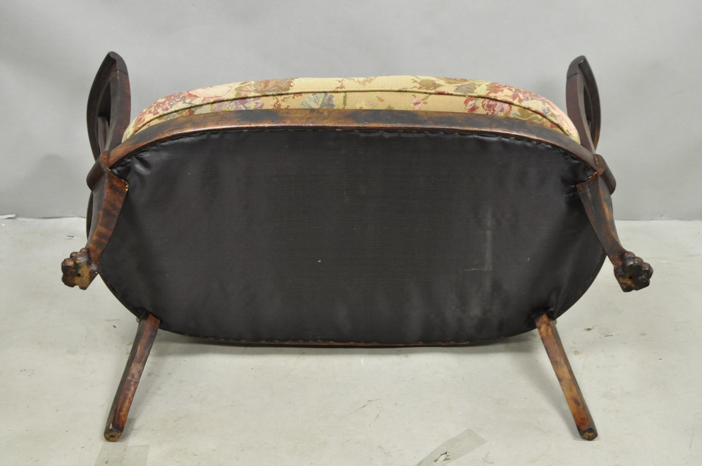 Antique Victorian Carved Mahogany Paw Foot Barrel Back Settee Loveseat Sofa