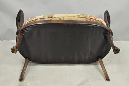 Antique Victorian Carved Mahogany Paw Foot Barrel Back Settee Loveseat Sofa
