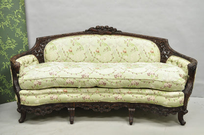 Antique Italian Renaissance Carved Walnut French Victorian Rams Head Green Sofa