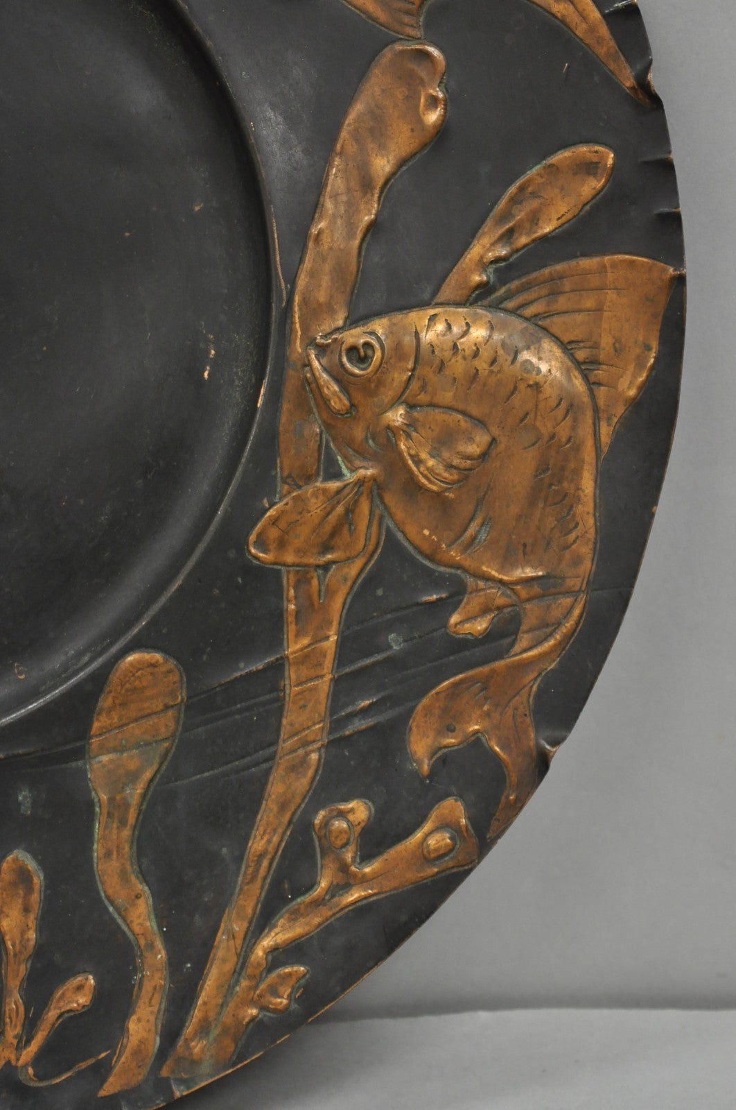 Antique Jugendstil Figural Copper Platter Charger of Fish by Steinicken & Lohr