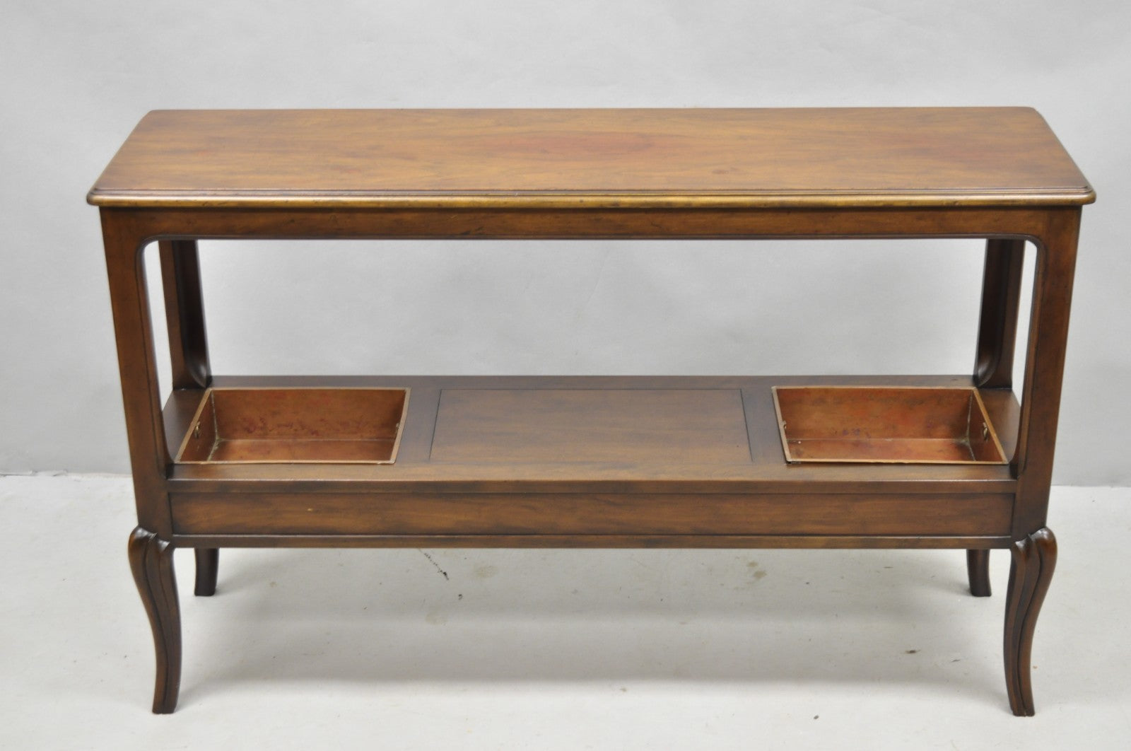 Vintage Baker Dark Cherry Wood Narrow French Console Hall Table w Copper Inserts