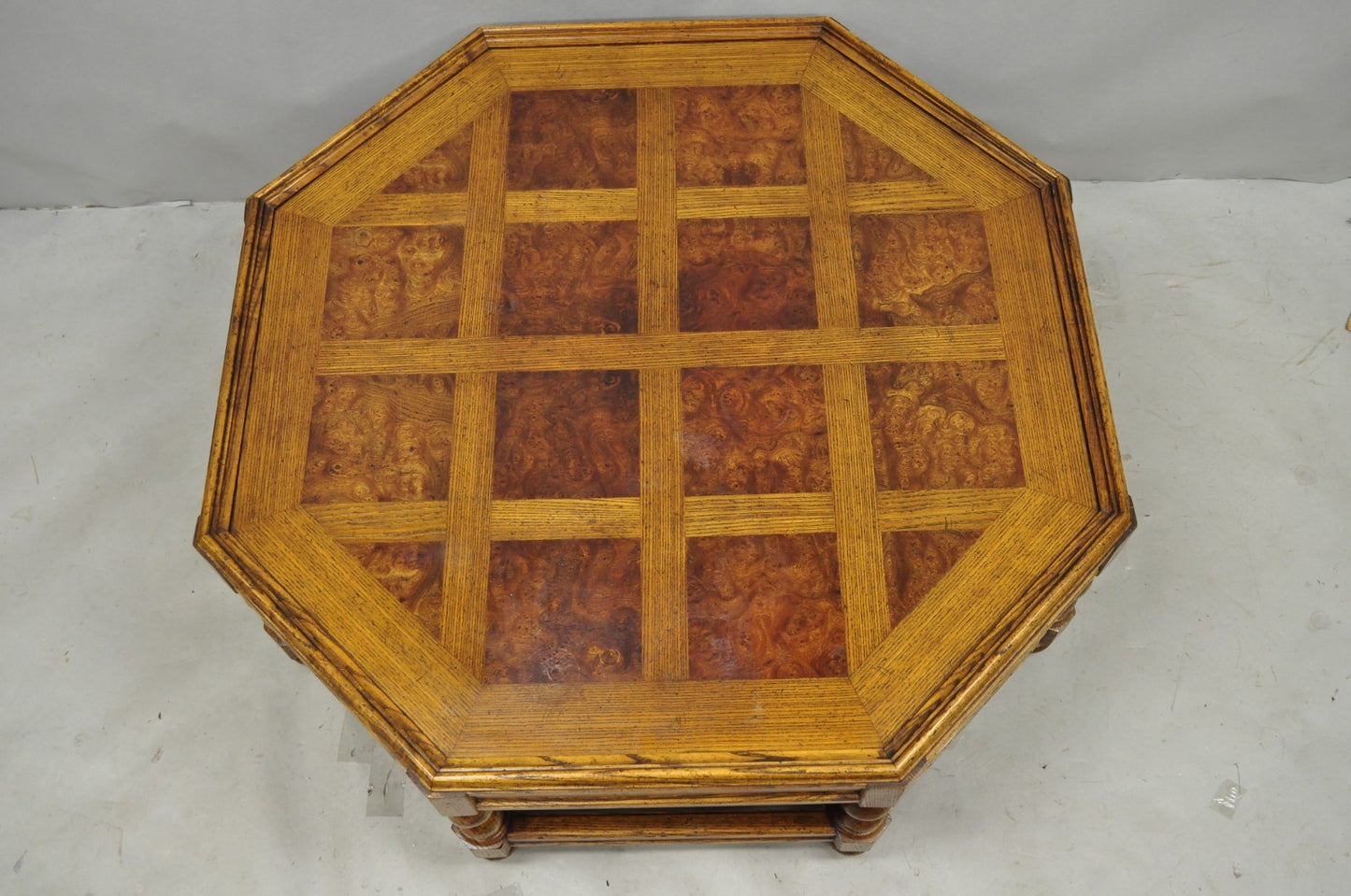 Vintage Baker Barley Twist Oak & Burlwood Parquetry Octagonal Coffee Table