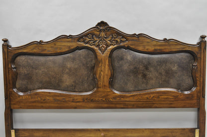 Vintage French Country Provincial Oak Wood Upholstered Panel King Bed Headboard