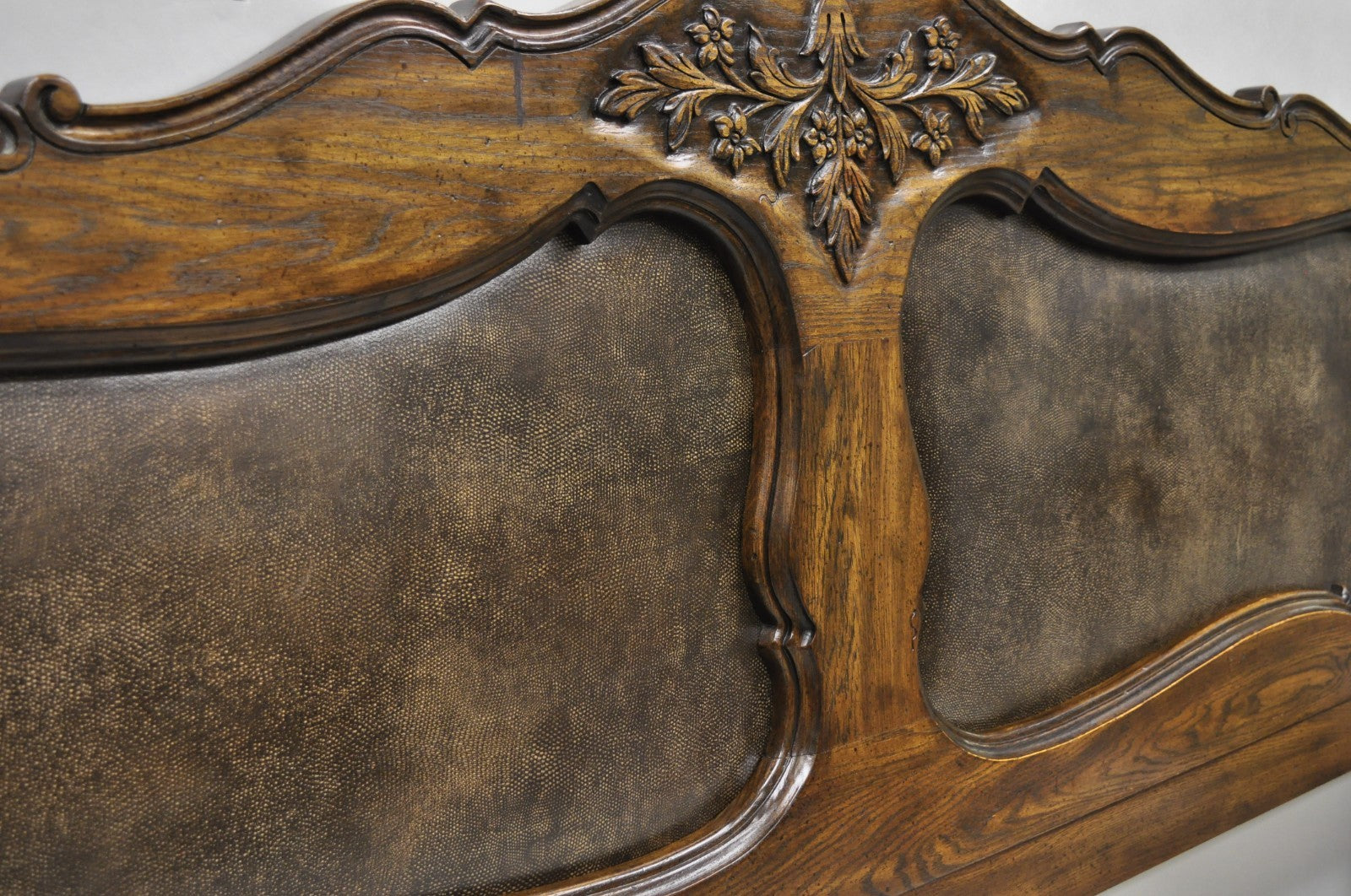 Vintage French Country Provincial Oak Wood Upholstered Panel King Bed Headboard