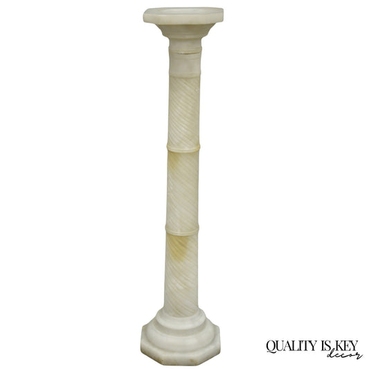 Antique Italian Neoclassical Carved Alabaster Spiral Column Narrow Pedestal