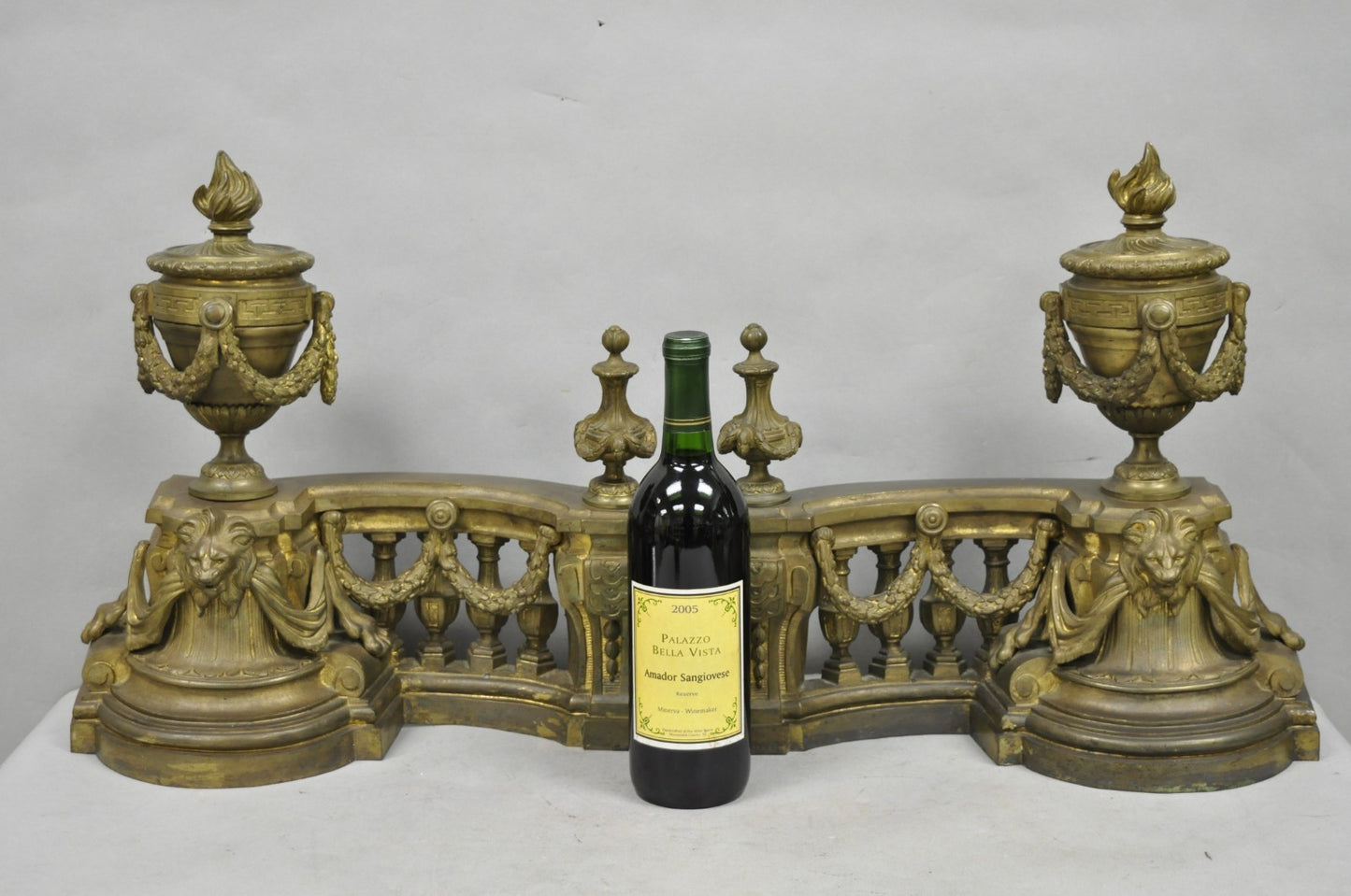 Antique French Empire Patinated Bronze Lion Flame Urn Chenet Andirons - a Pair