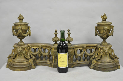 Antique French Empire Patinated Bronze Lion Flame Urn Chenet Andirons - a Pair