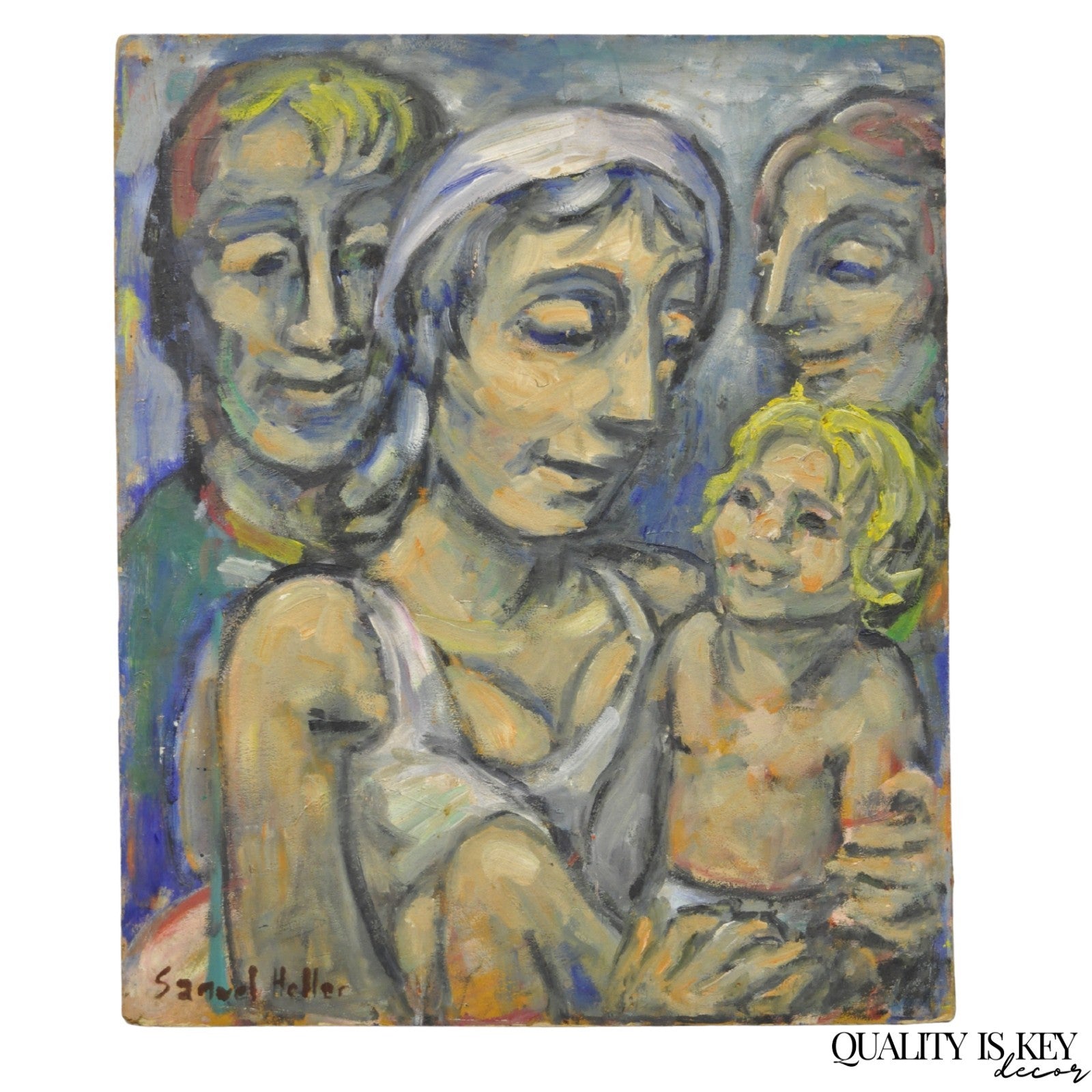 Vintage Samuel Heller "Family Portrait with Child" Oil on Board Painting, Signed