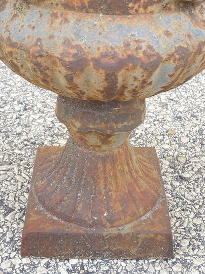 French Classical Style Cast Iron Urn Form 17" Garden Yard Planter Pot w/ Faces