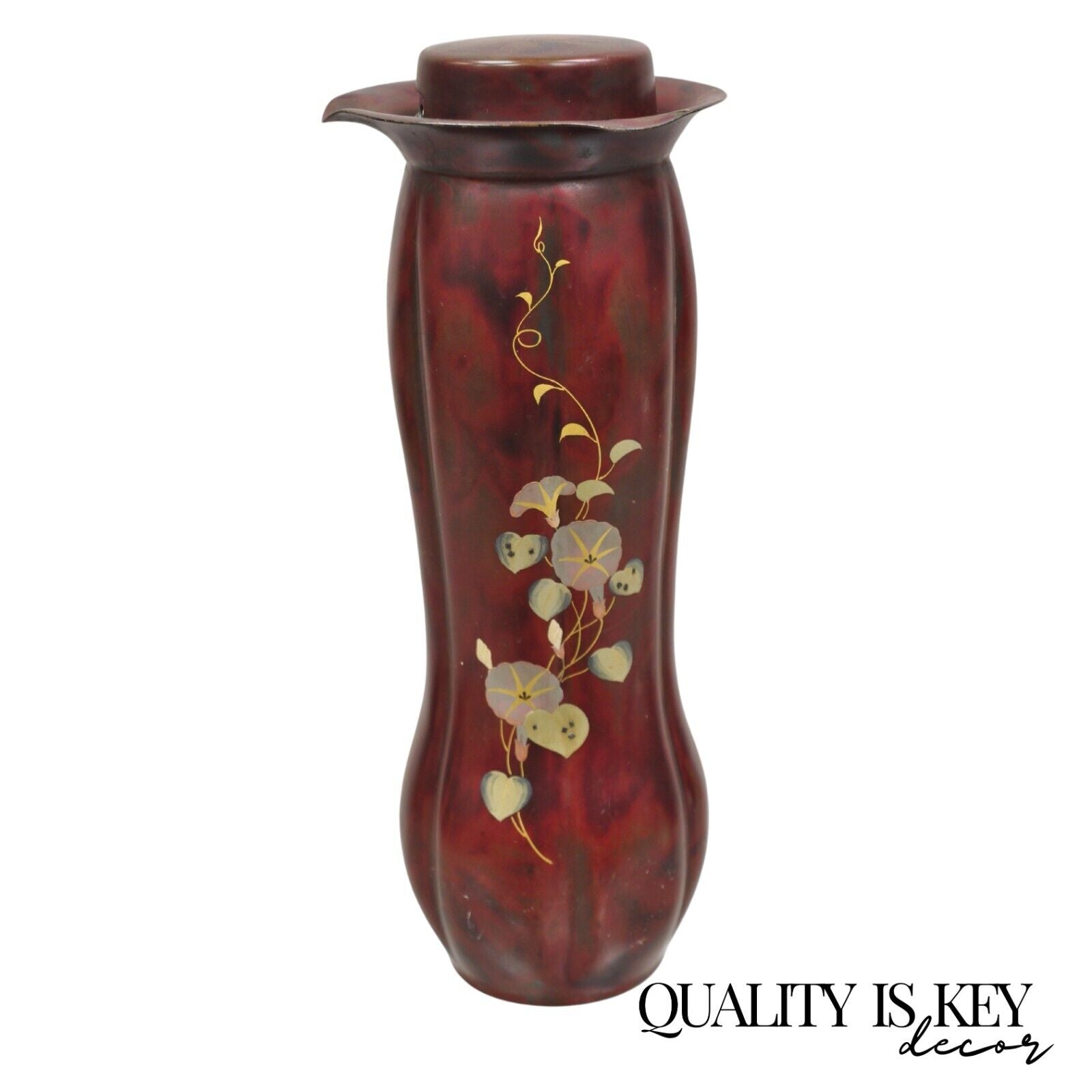 Vintage Occupied Japan Bronze Metal Red Lacquered Bulbous Pitcher by Marumi