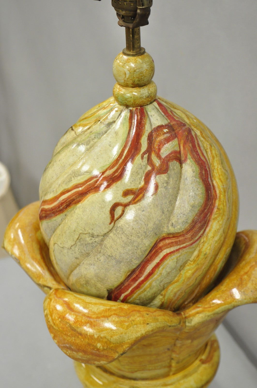 Vintage Hollywood Regency Faux Marble Orange Lacquered Wood Artichoke Table Lamp