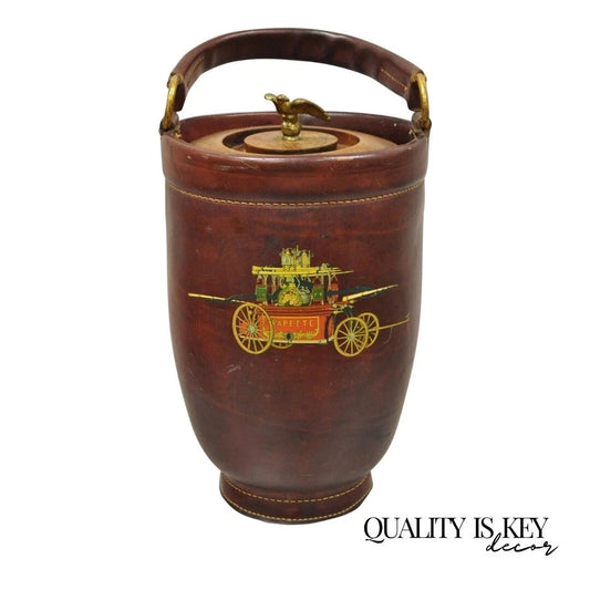 Vintage Loyal Papeete Firetruck Brown Leather Brass Eagle Handle Bar Ice Bucket