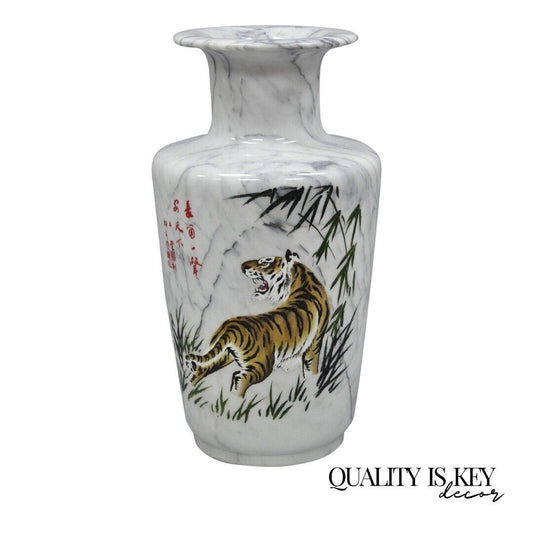 Vintage Oriental Large 28" White Carved Marble Painted Tiger Vase Vessel