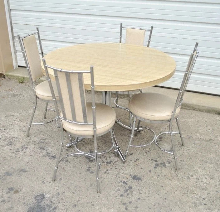 Vintage Hollywood Regency Chrome Metal Faux Bamboo Dining Kitchen Set - 5 Pc Set