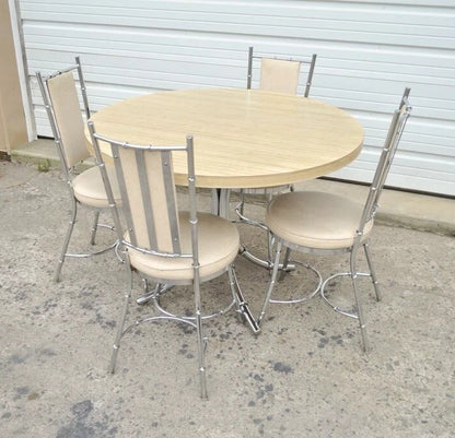 Vintage Hollywood Regency Chrome Metal Faux Bamboo Dining Kitchen Set - 5 Pc Set