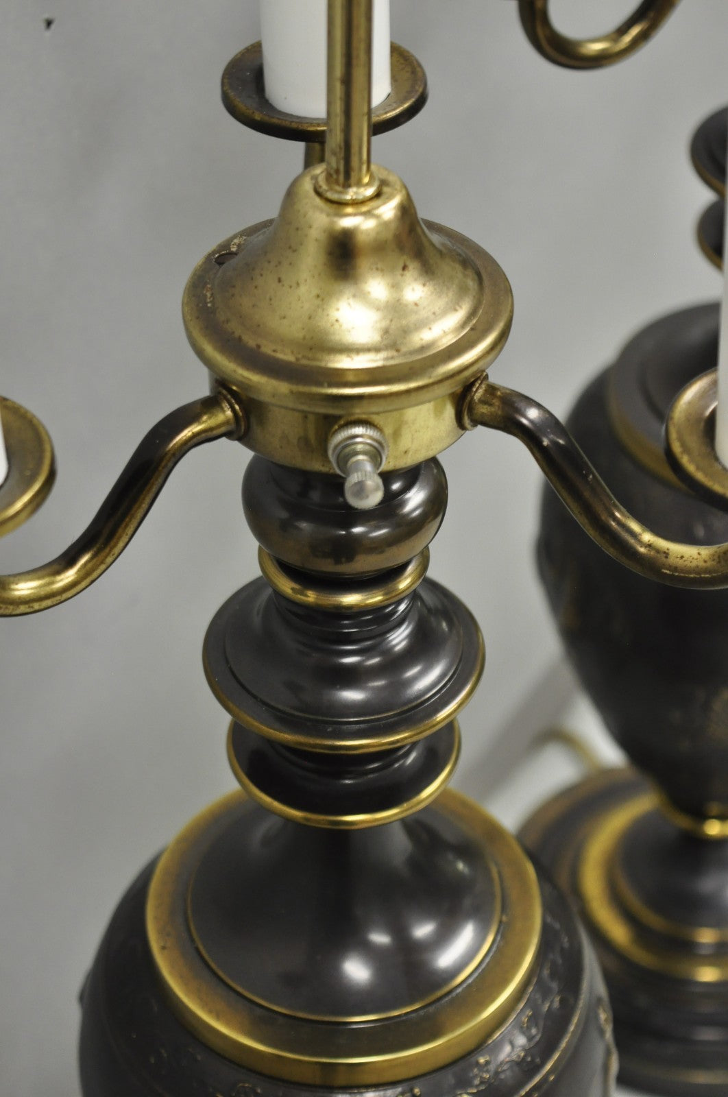 Antique Roman Neoclassical Bronze Finish Figural Candelabra Table Lamps - a Pair