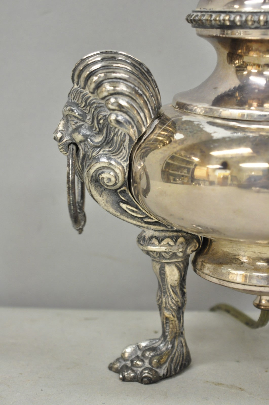 Antique English Regency Silver Plated Converted Oil Lamp Lion Mounted Table Lamp