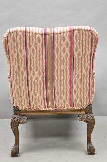 Vintage Georgian Style Carved Walnut Paw Foot Pink Upholstered Club Lounge Chair