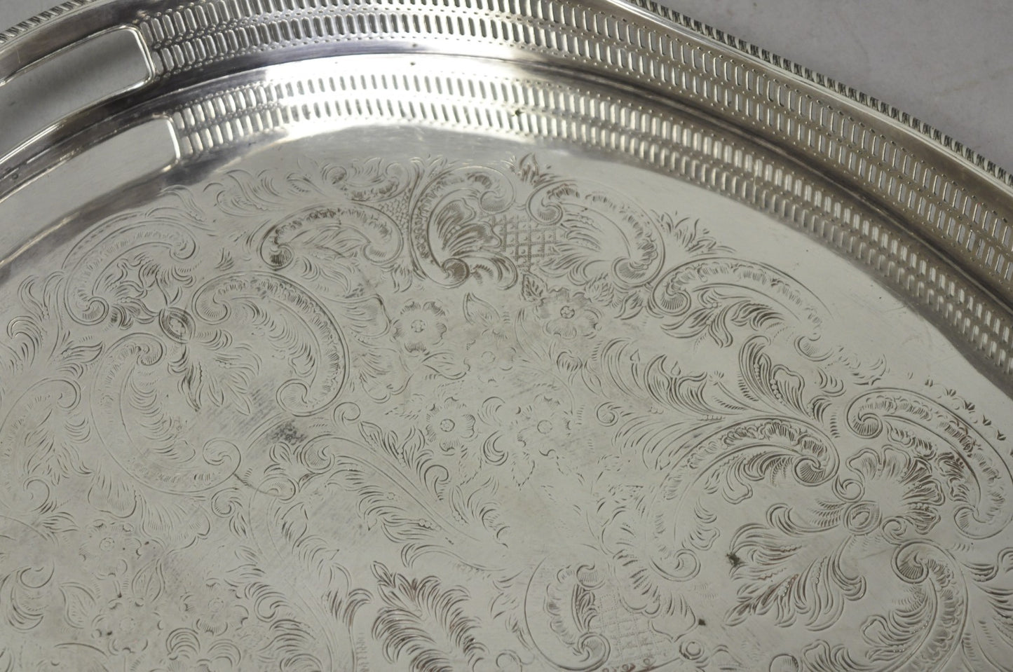 Vintage English Edwardian Silver Plated Oval Scalloped Gallery Bar Platter Tray
