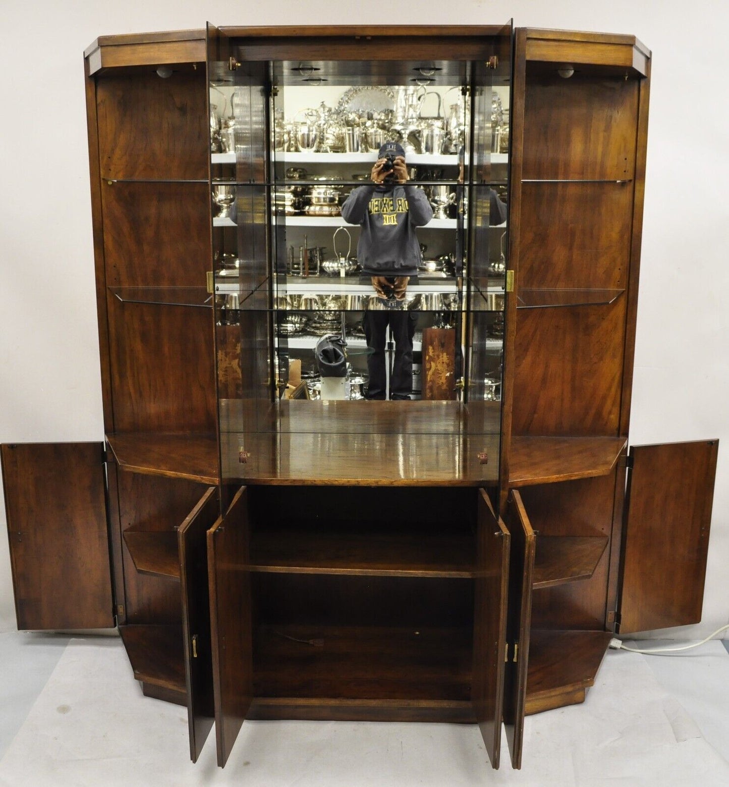 Drexel Heritage Modern Campaign Style 3 pc Lighted China Cabinet Curio Display