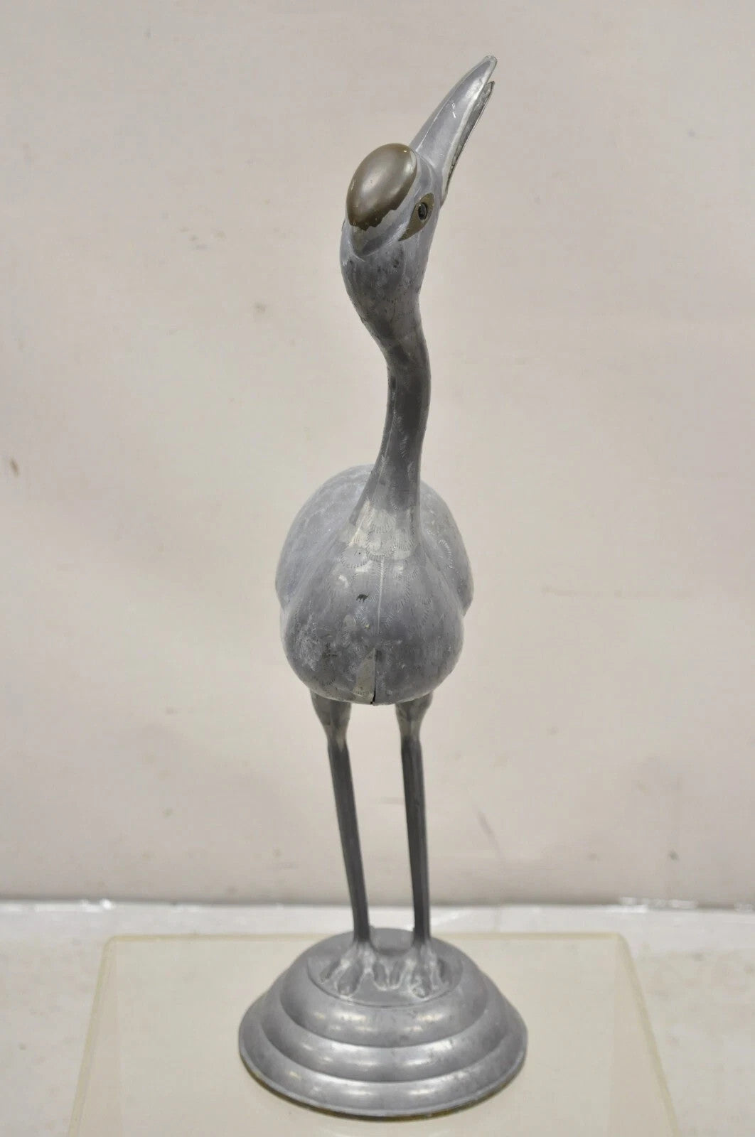 Vintage Hollywood Regency Pewter Metal 27" Crane Bird Garden Statue Hong Kong