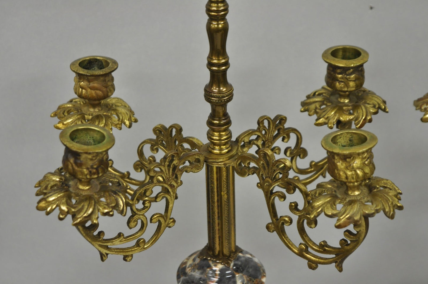Antique French Empire Neoclassical Marble Urn Brass Candelabra Table Lamp Pair