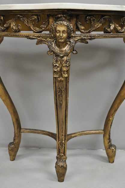 Vintage French Rococo Baroque Gold Gilt Gesso Marble Top Figural Console Table
