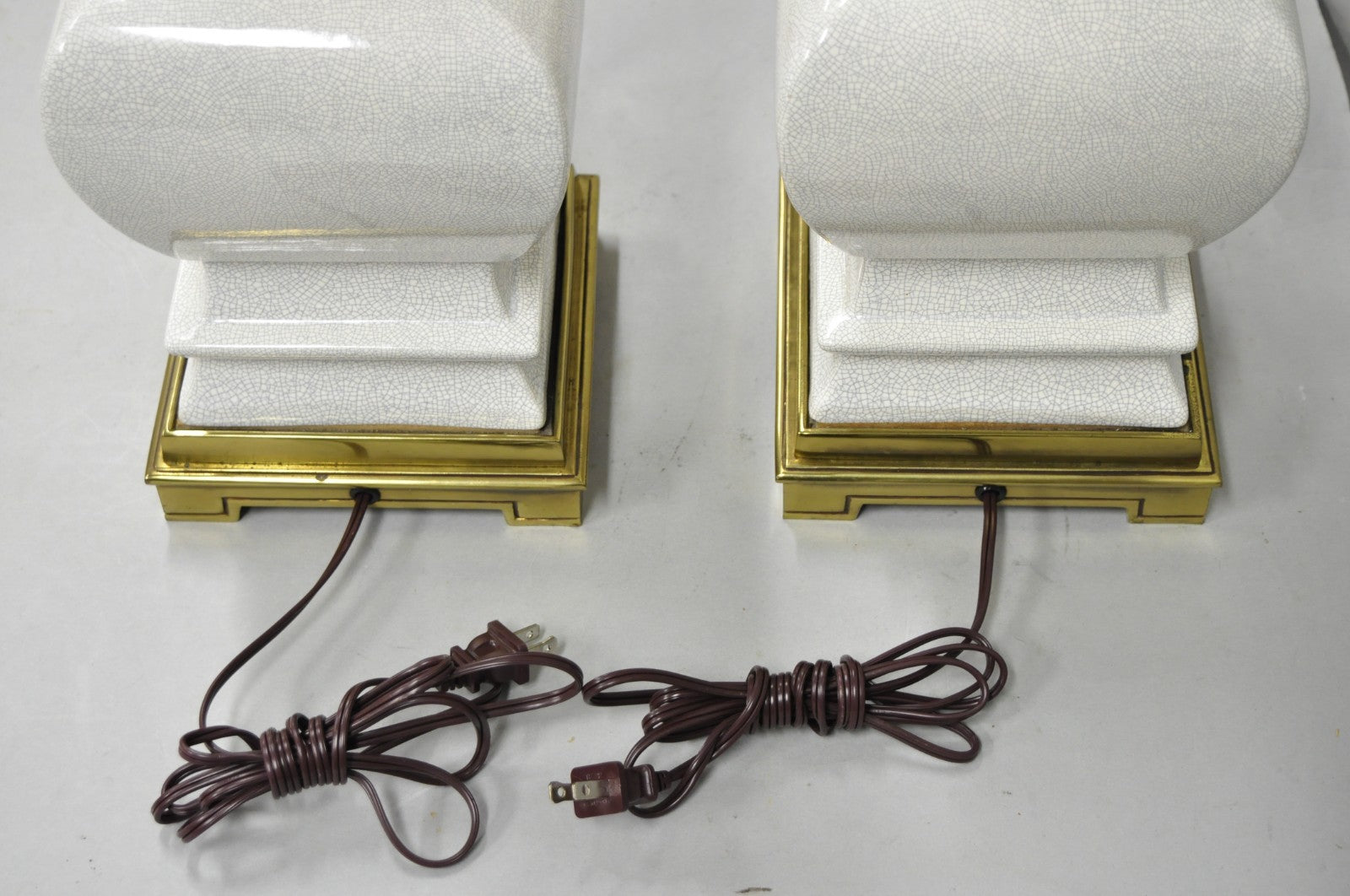 Stiffel Hollywood Regency Tall Crackle Glazed Ceramic & Brass Table Lamps a Pair