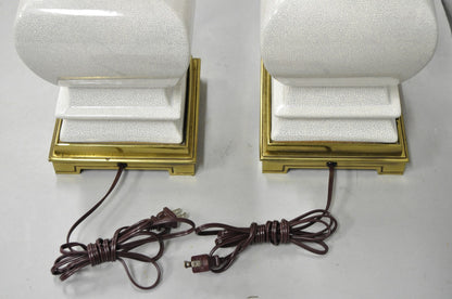 Stiffel Hollywood Regency Tall Crackle Glazed Ceramic & Brass Table Lamps a Pair
