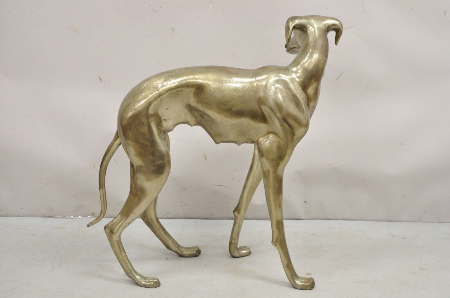 Vintage Hollywood Regency Life Size Brass Greyhound Whippet Dog Statue Sculpture