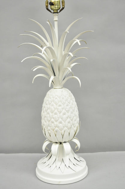 Vintage Italian Hollywood Regency White Tole Metal Figural Pineapple Table Lamp
