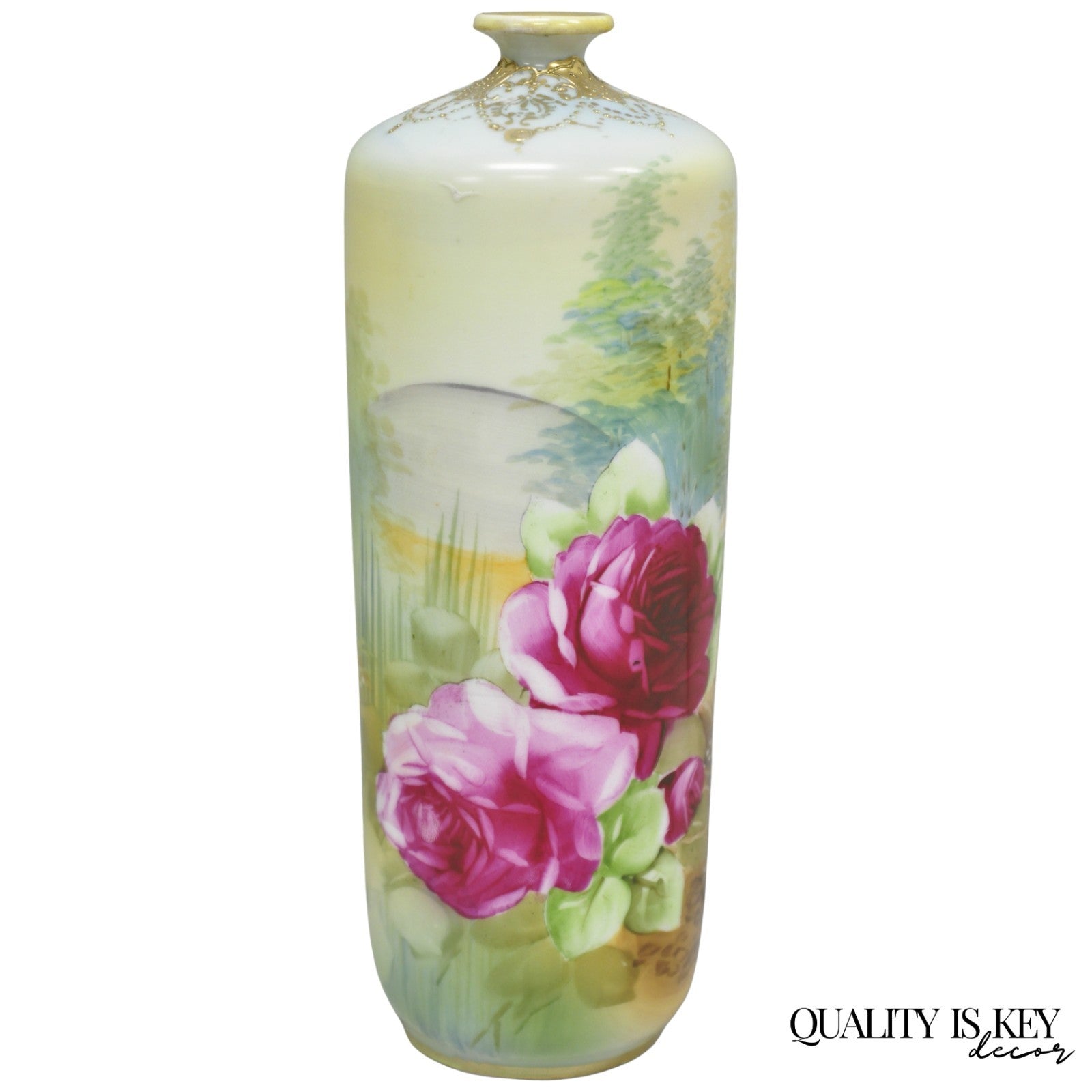 Antique Nippon Hand Painted Pink Rose & Lake Scene Small Porcelain Cylinder Vase