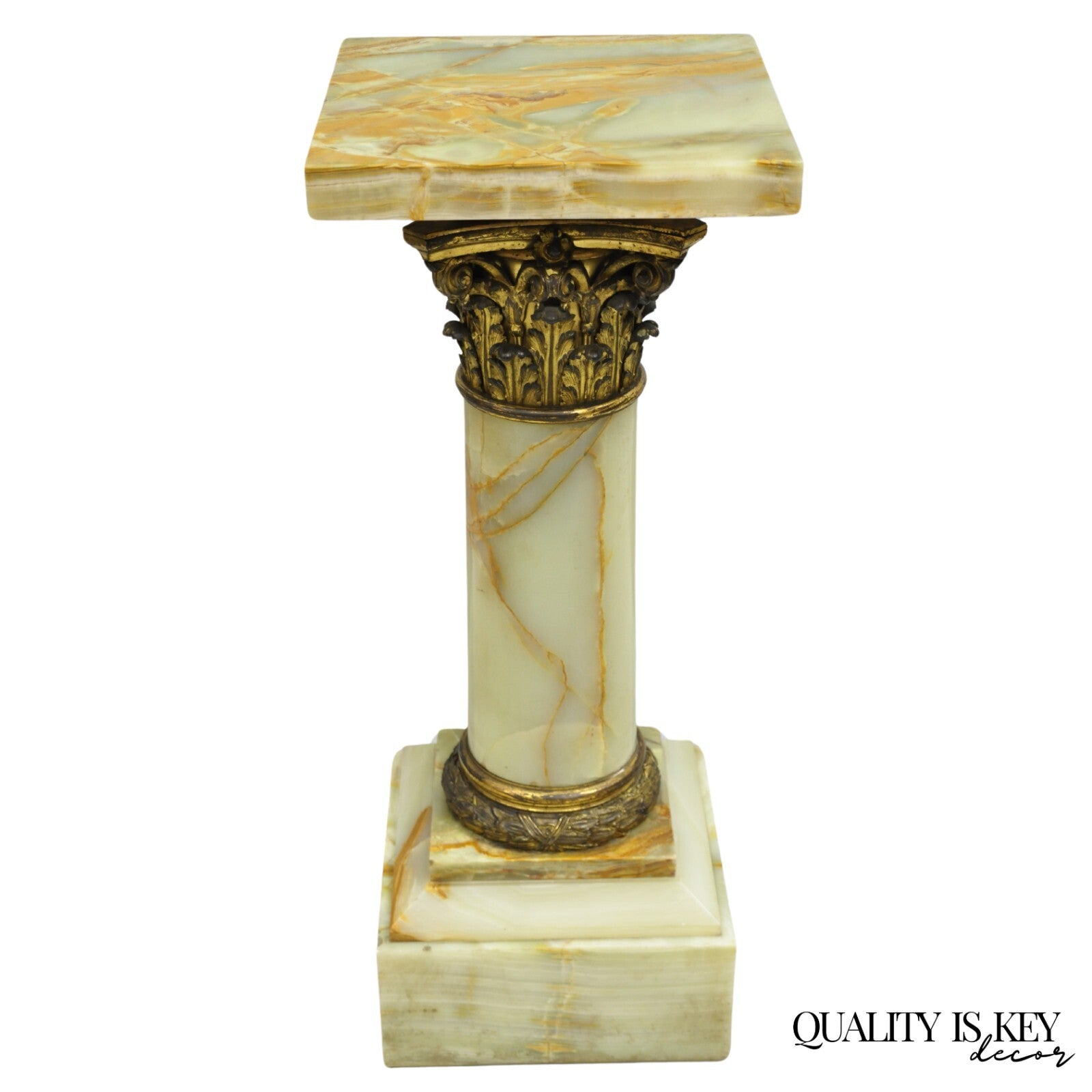 Antique French Empire Bronze Classical Corinthian Column Green Onyx 30" Pedestal