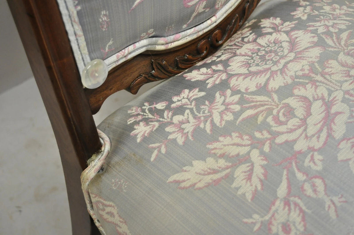 Victorian Floral Scrollwork Carved Mahogany Parlor Slipper Side Chairs - a Pair