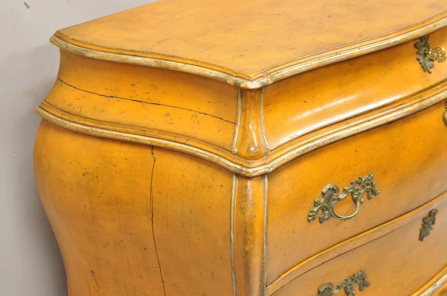 Antique Italian Rococo Louis XV Orange Painted Bombe Commode Chest of Drawers