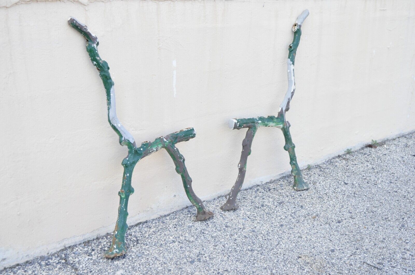 Antique Cast Iron Victorian Faux Bois Green Branch Twig Garden Bench Legs - Pair