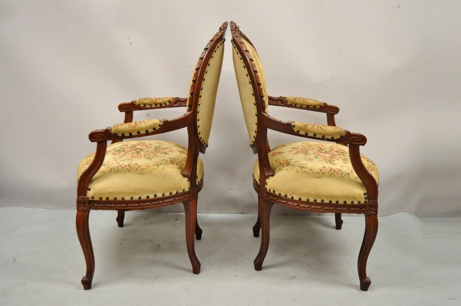 Antique French Country Louis XV Victorian Floral Tapestry Arm Chairs - a Pair