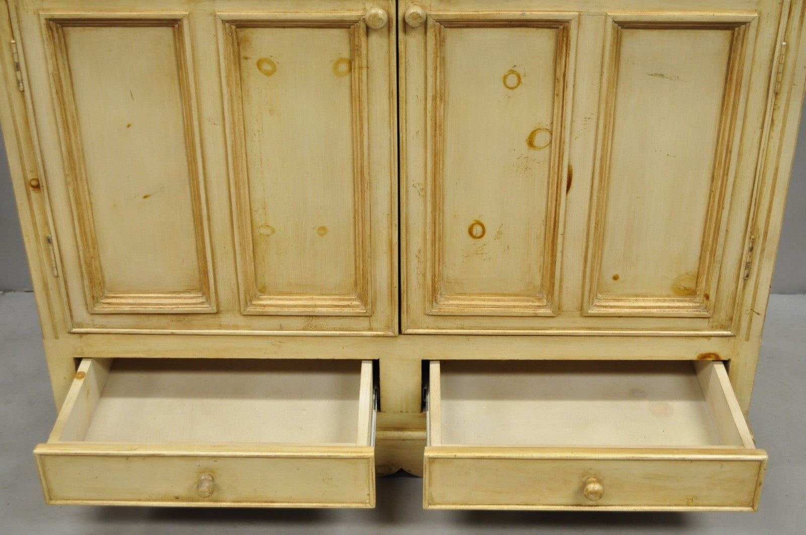 French Country Provincial Distressed Knotty Pine Wood 2 Part Cupboard Cabinet