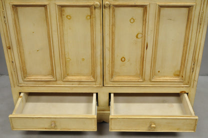 French Country Provincial Distressed Knotty Pine Wood 2 Part Cupboard Cabinet
