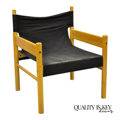 Vintage Mid Century Modern Scandinavian Black Canvas Birch Wood Lounge Chair