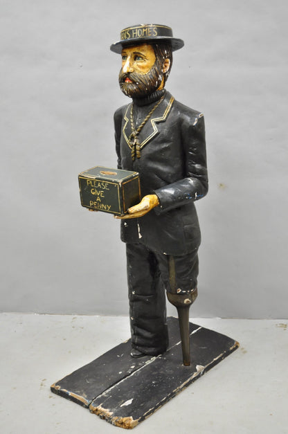 54" Tall Maritime Nautical Wood Peg Leg Seaman Bank Figure "Please Give a Penny"