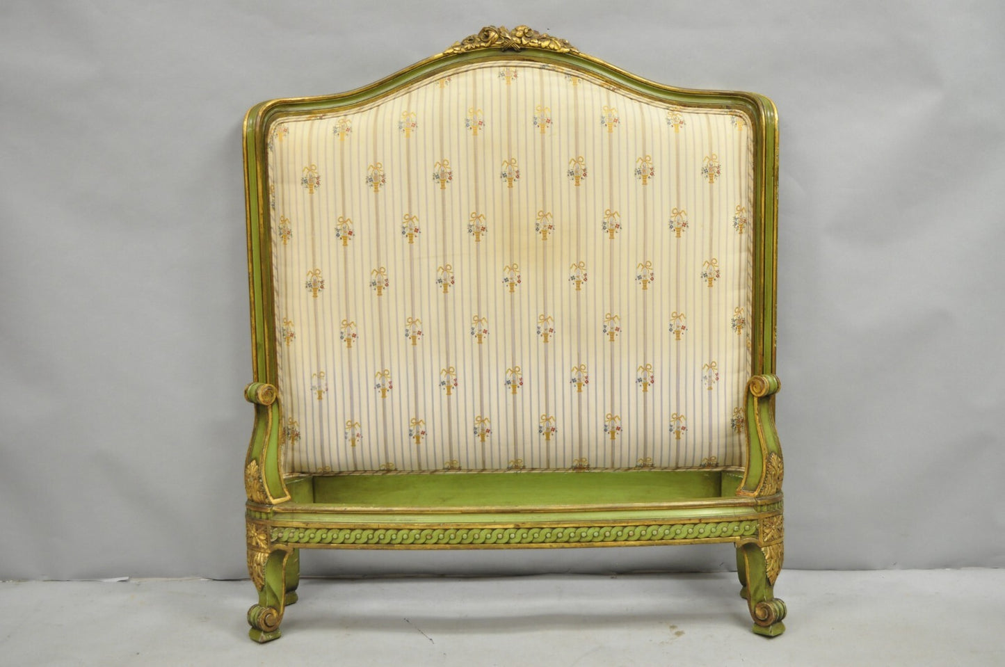 Antique French Louis XVI Style Green Painted Upholstered Twin Bed by Vanleigh