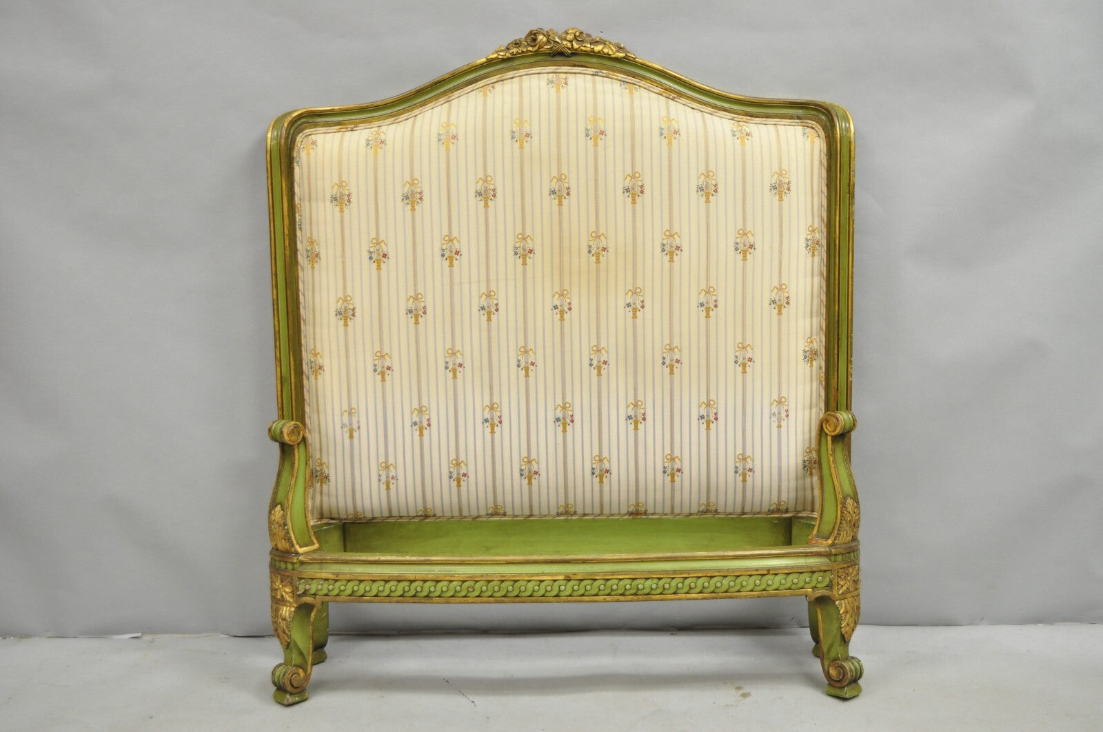 Antique French Louis XVI Style Green Painted Upholstered Twin Bed by Vanleigh