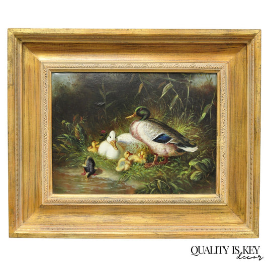 Vintage Traditional Oil on Canvas Wood Frame "Duck Family" Art Signed Borofsky